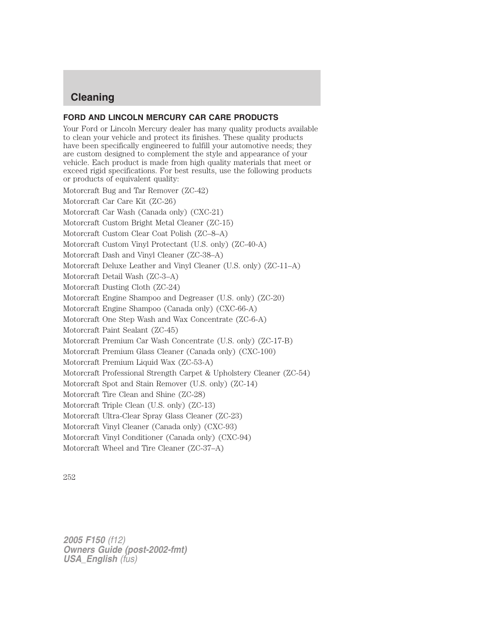 Ford and lincoln mercury car care products, Cleaning | FORD 2005 F-150 v.3 User Manual | Page 252 / 312