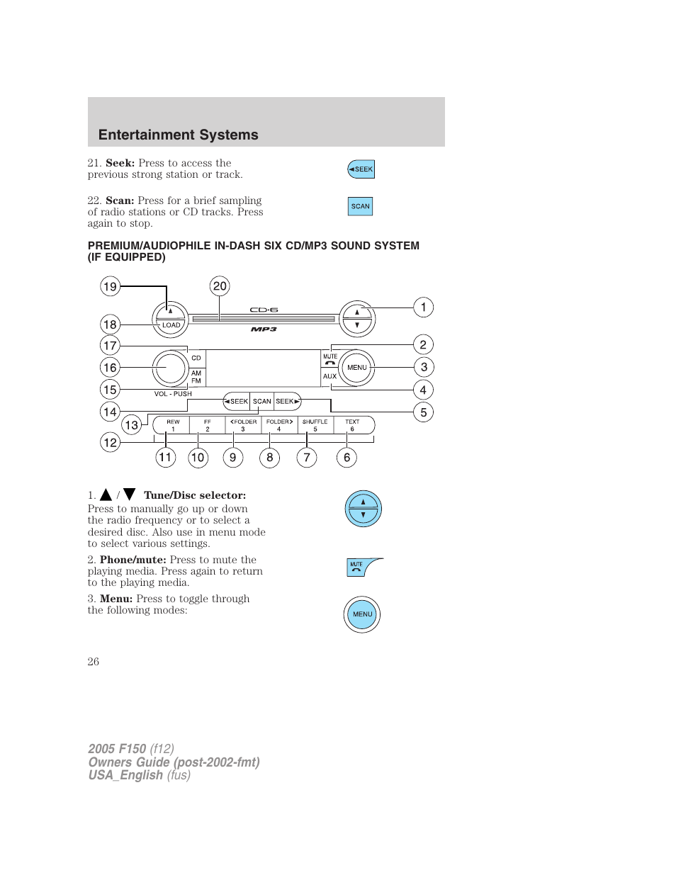 Am/fm stereo with in-dash six cd, Entertainment systems | FORD 2005 F-150 v.3 User Manual | Page 26 / 312