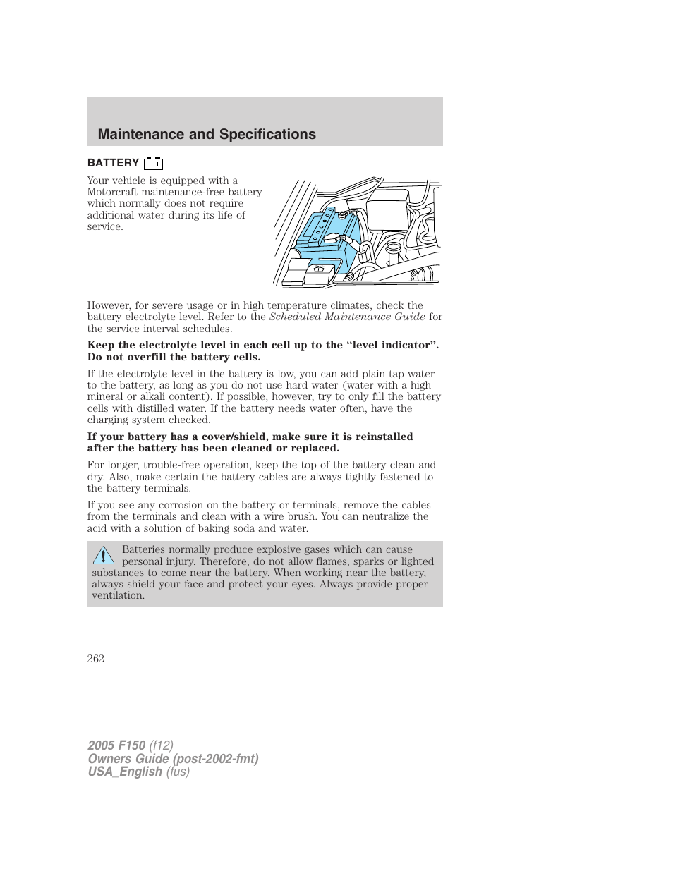 Battery, Maintenance and specifications | FORD 2005 F-150 v.3 User Manual | Page 262 / 312