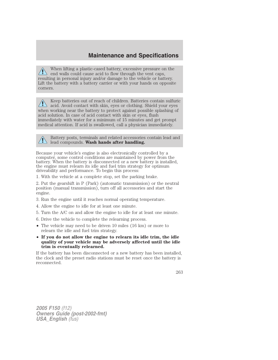 Maintenance and specifications | FORD 2005 F-150 v.3 User Manual | Page 263 / 312