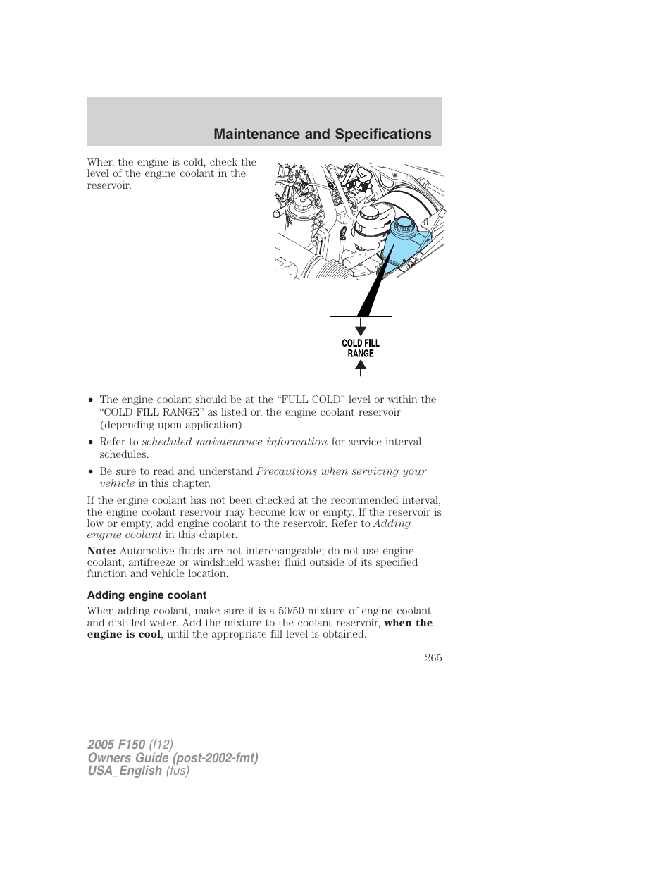 Adding engine coolant, Maintenance and specifications | FORD 2005 F-150 v.3 User Manual | Page 265 / 312