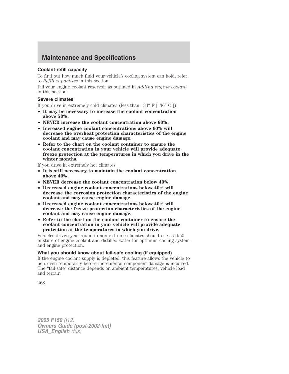 Coolant refill capacity, Severe climates, Maintenance and specifications | FORD 2005 F-150 v.3 User Manual | Page 268 / 312