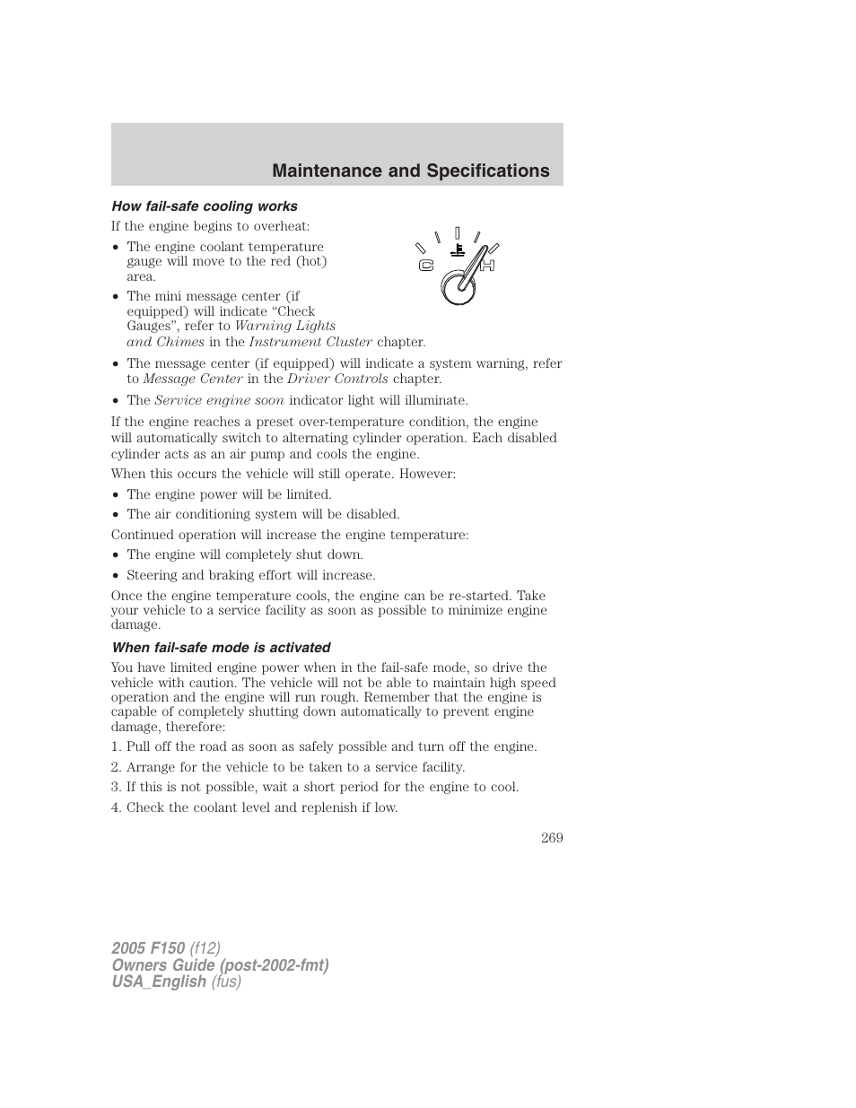 How fail-safe cooling works, When fail-safe mode is activated, Maintenance and specifications | FORD 2005 F-150 v.3 User Manual | Page 269 / 312