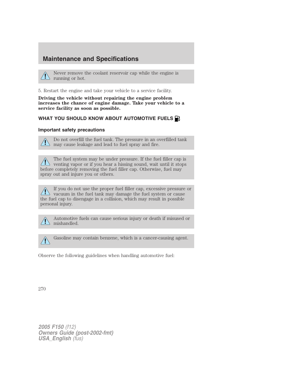 What you should know about automotive fuels, Important safety precautions, Fuel information | Maintenance and specifications | FORD 2005 F-150 v.3 User Manual | Page 270 / 312
