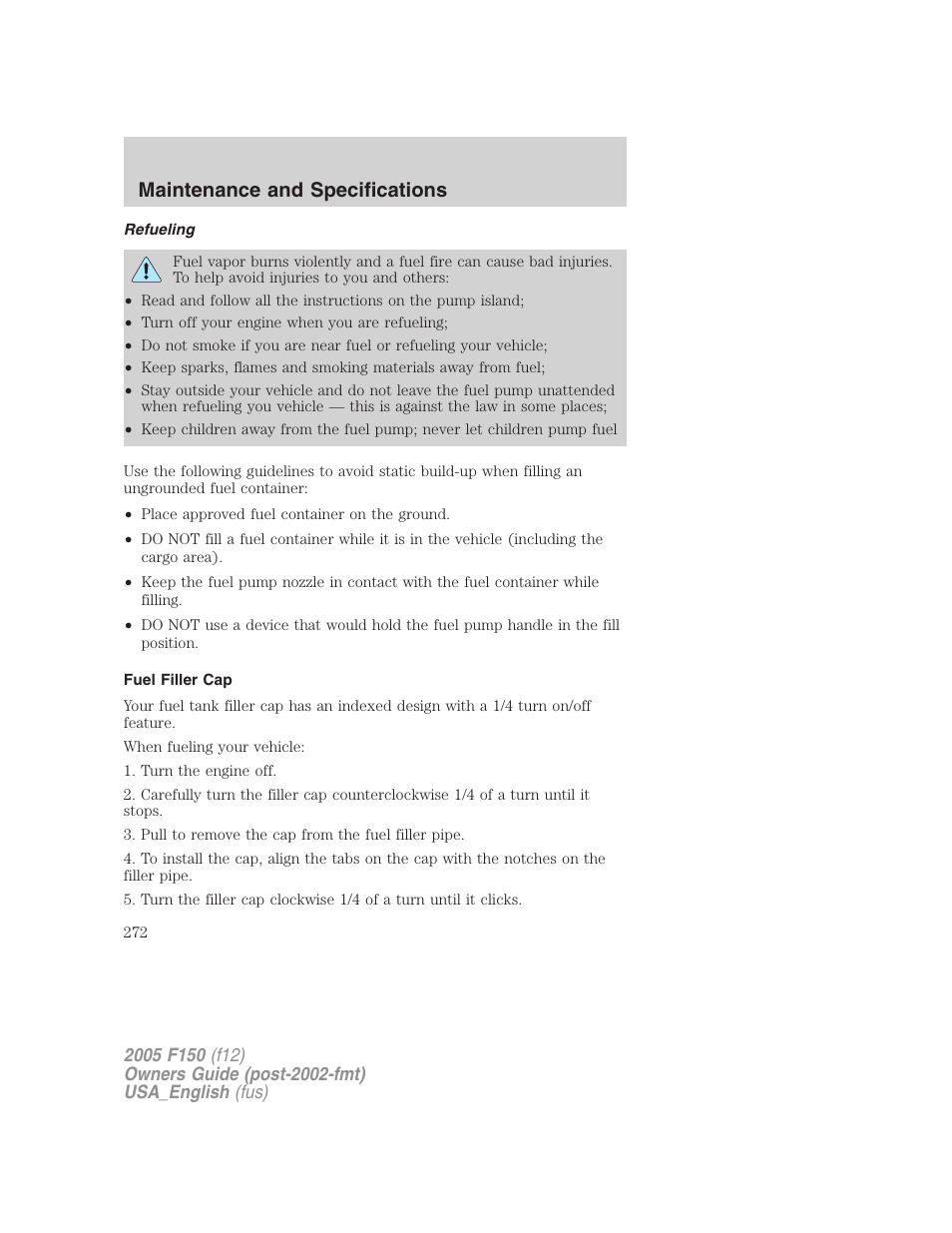 Refueling, Fuel filler cap, Maintenance and specifications | FORD 2005 F-150 v.3 User Manual | Page 272 / 312