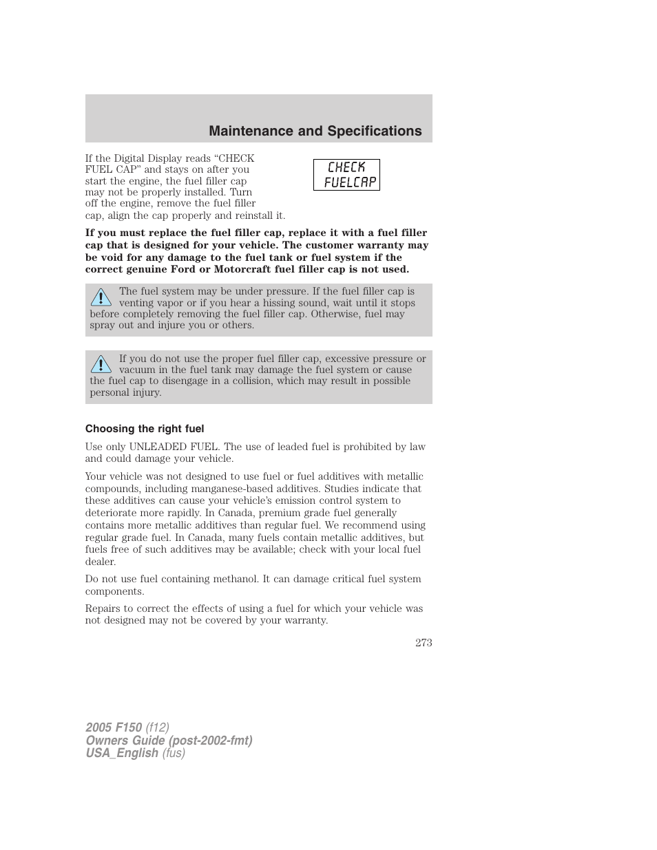 Choosing the right fuel, Maintenance and specifications | FORD 2005 F-150 v.3 User Manual | Page 273 / 312