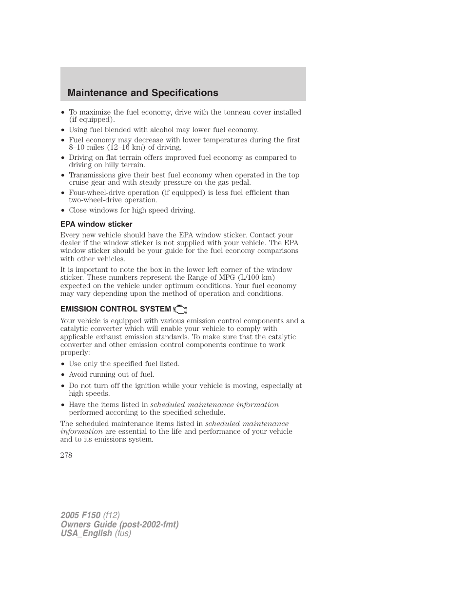 Epa window sticker, Emission control system, Maintenance and specifications | FORD 2005 F-150 v.3 User Manual | Page 278 / 312