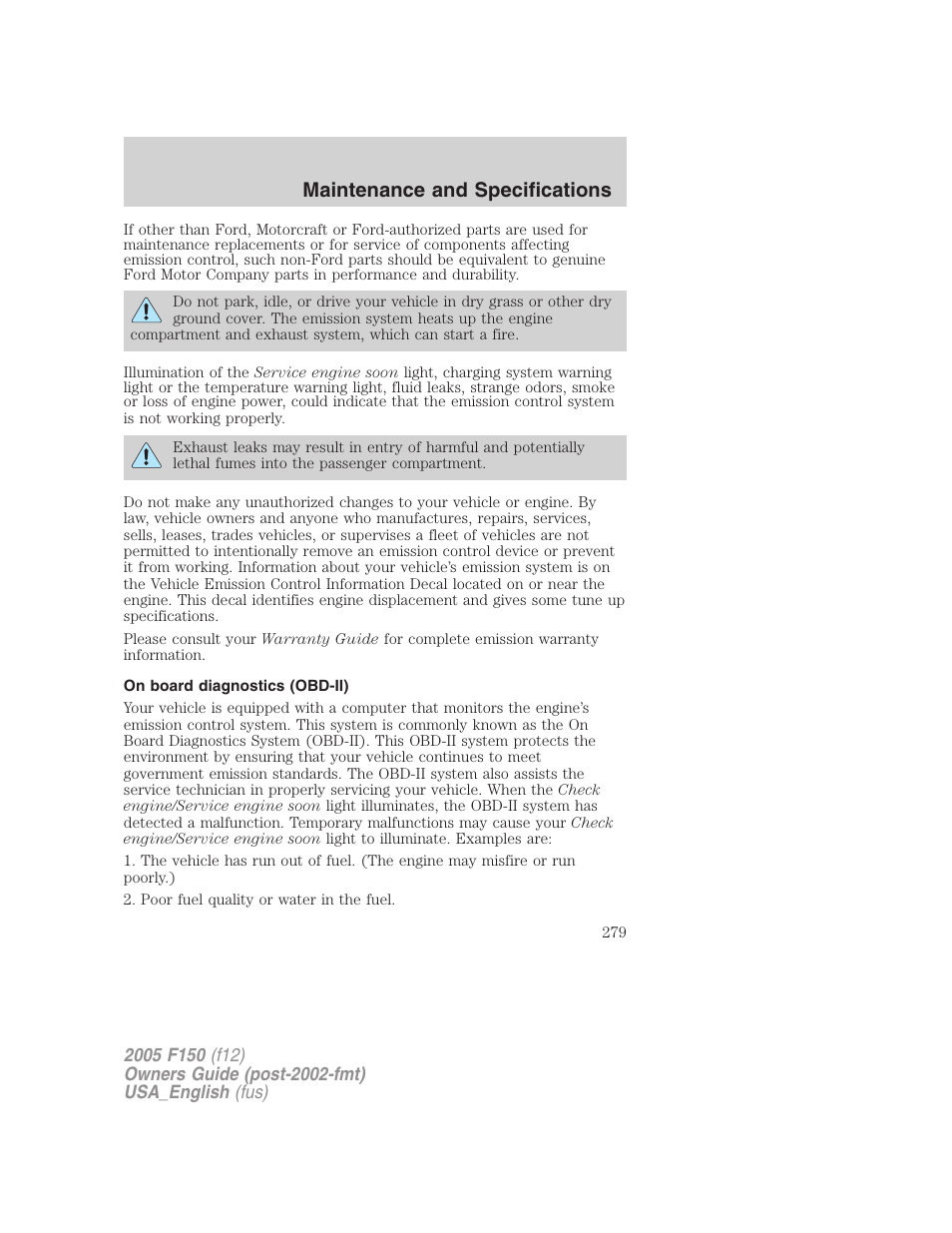 On board diagnostics (obd-ii), Maintenance and specifications | FORD 2005 F-150 v.3 User Manual | Page 279 / 312