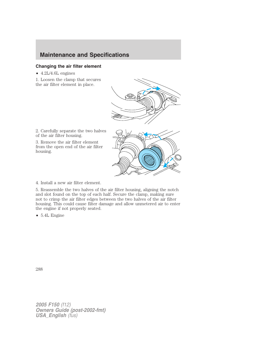 Changing the air filter element, Air filter(s), Maintenance and specifications | FORD 2005 F-150 v.3 User Manual | Page 288 / 312