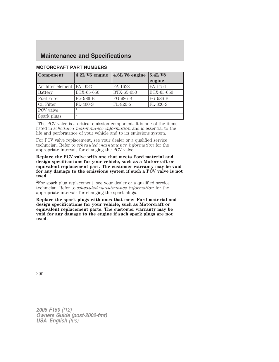 Motorcraft part numbers, Part numbers, Maintenance and specifications | FORD 2005 F-150 v.3 User Manual | Page 290 / 312