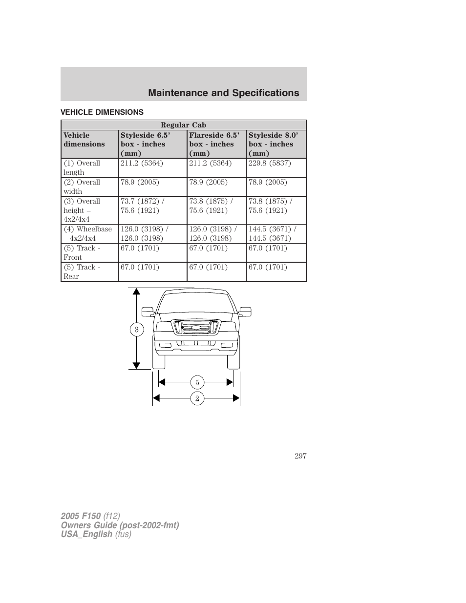 Vehicle dimensions, Maintenance and specifications | FORD 2005 F-150 v.3 User Manual | Page 297 / 312