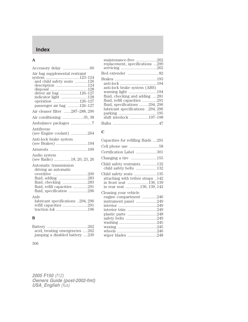 Index | FORD 2005 F-150 v.3 User Manual | Page 306 / 312