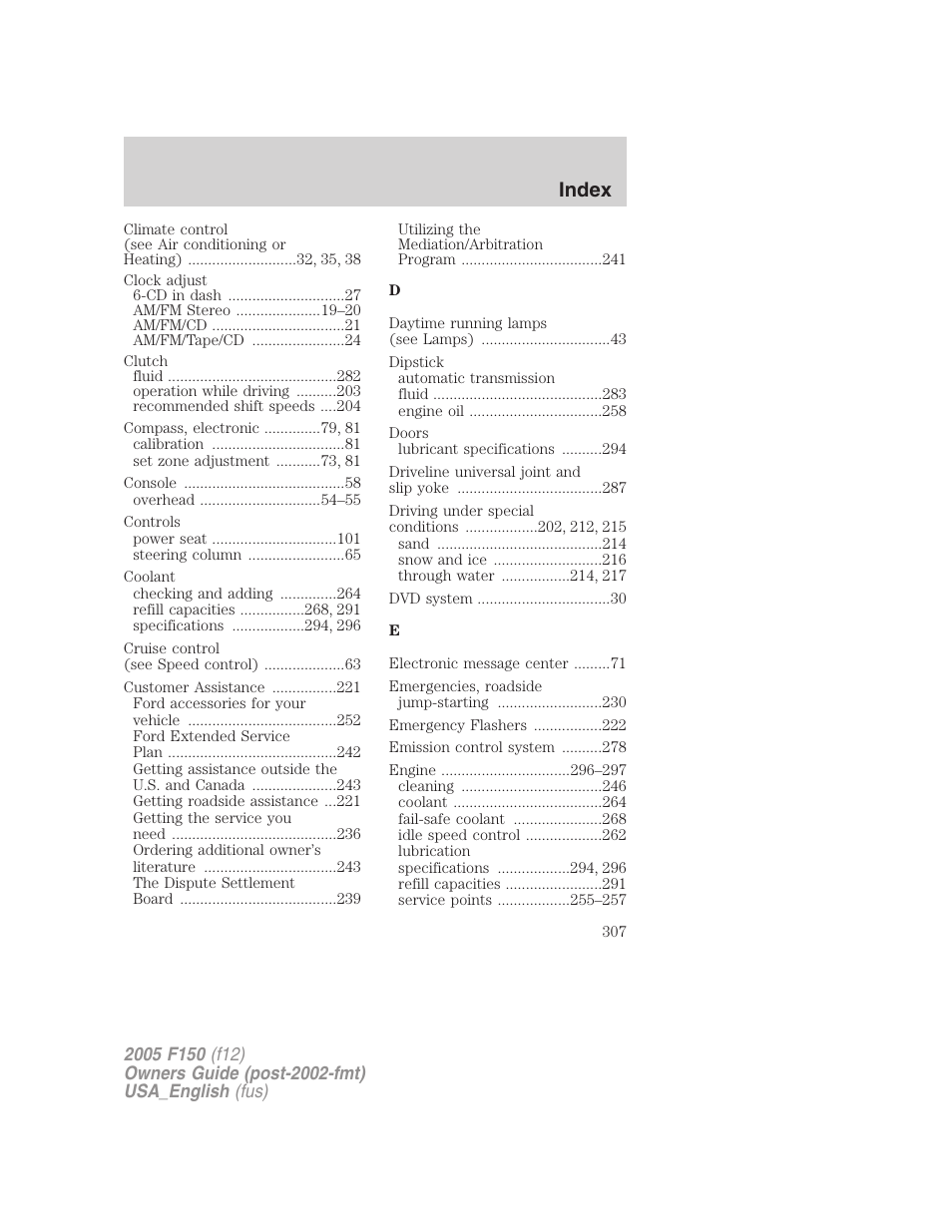 Index | FORD 2005 F-150 v.3 User Manual | Page 307 / 312