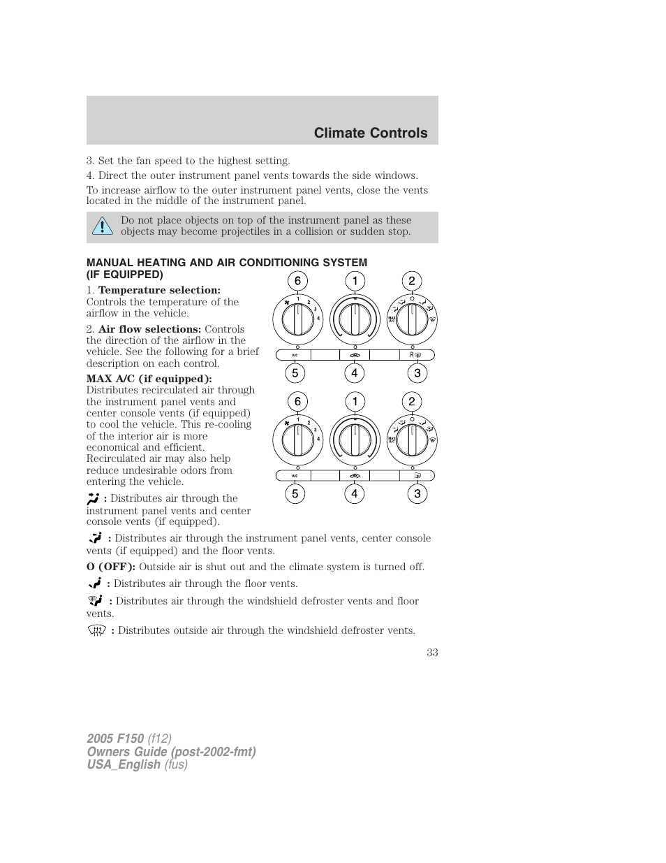 Manual heating and air conditioning, Climate controls | FORD 2005 F-150 v.3 User Manual | Page 33 / 312