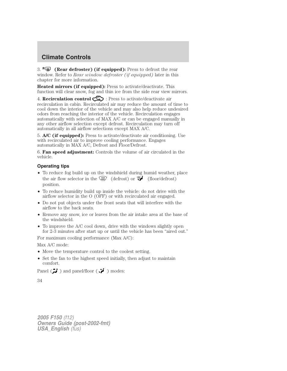 Operating tips, Climate controls | FORD 2005 F-150 v.3 User Manual | Page 34 / 312