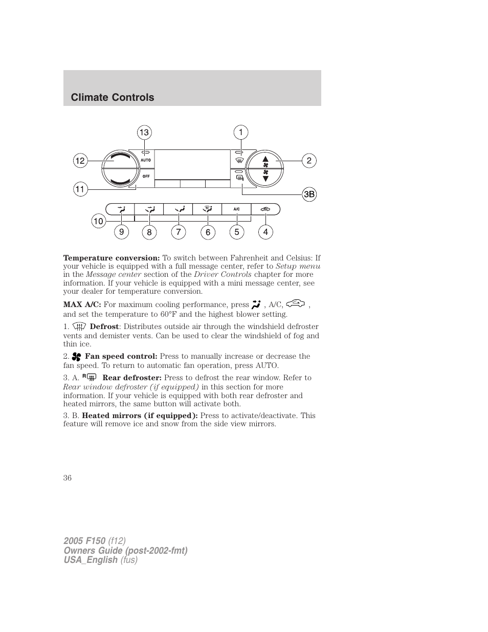 Climate controls | FORD 2005 F-150 v.3 User Manual | Page 36 / 312