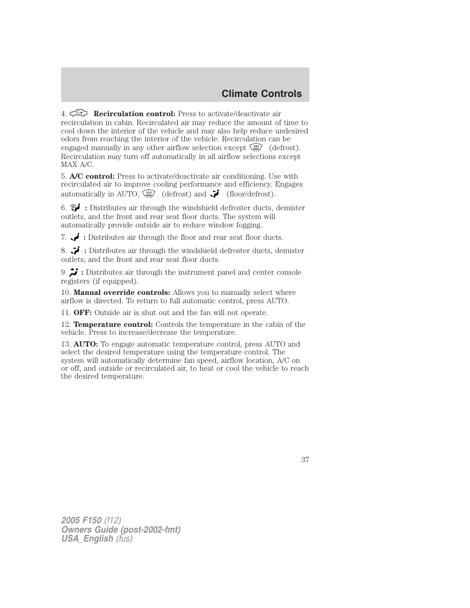 Climate controls | FORD 2005 F-150 v.3 User Manual | Page 37 / 312