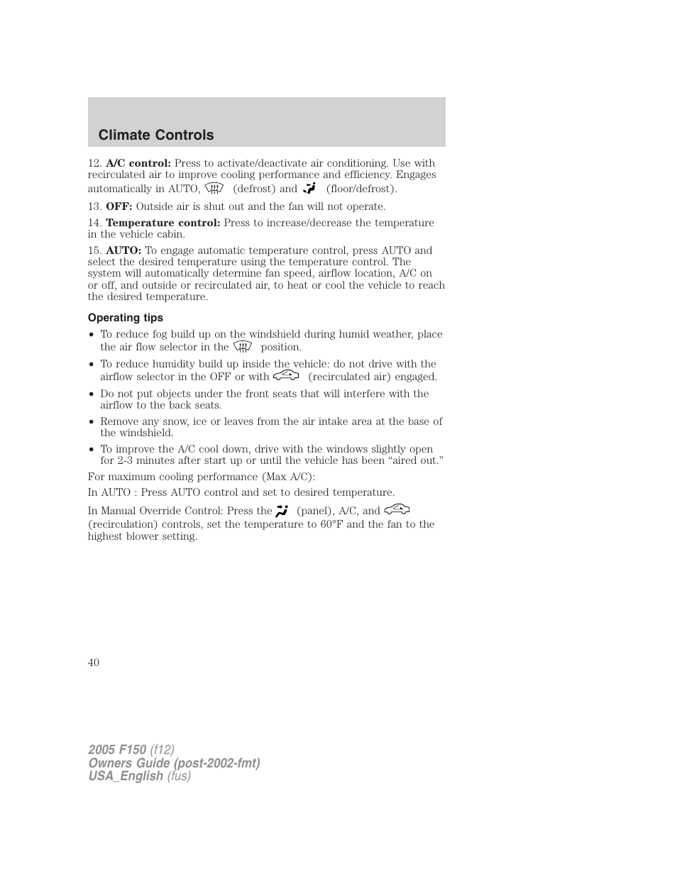 Operating tips, Climate controls | FORD 2005 F-150 v.3 User Manual | Page 40 / 312