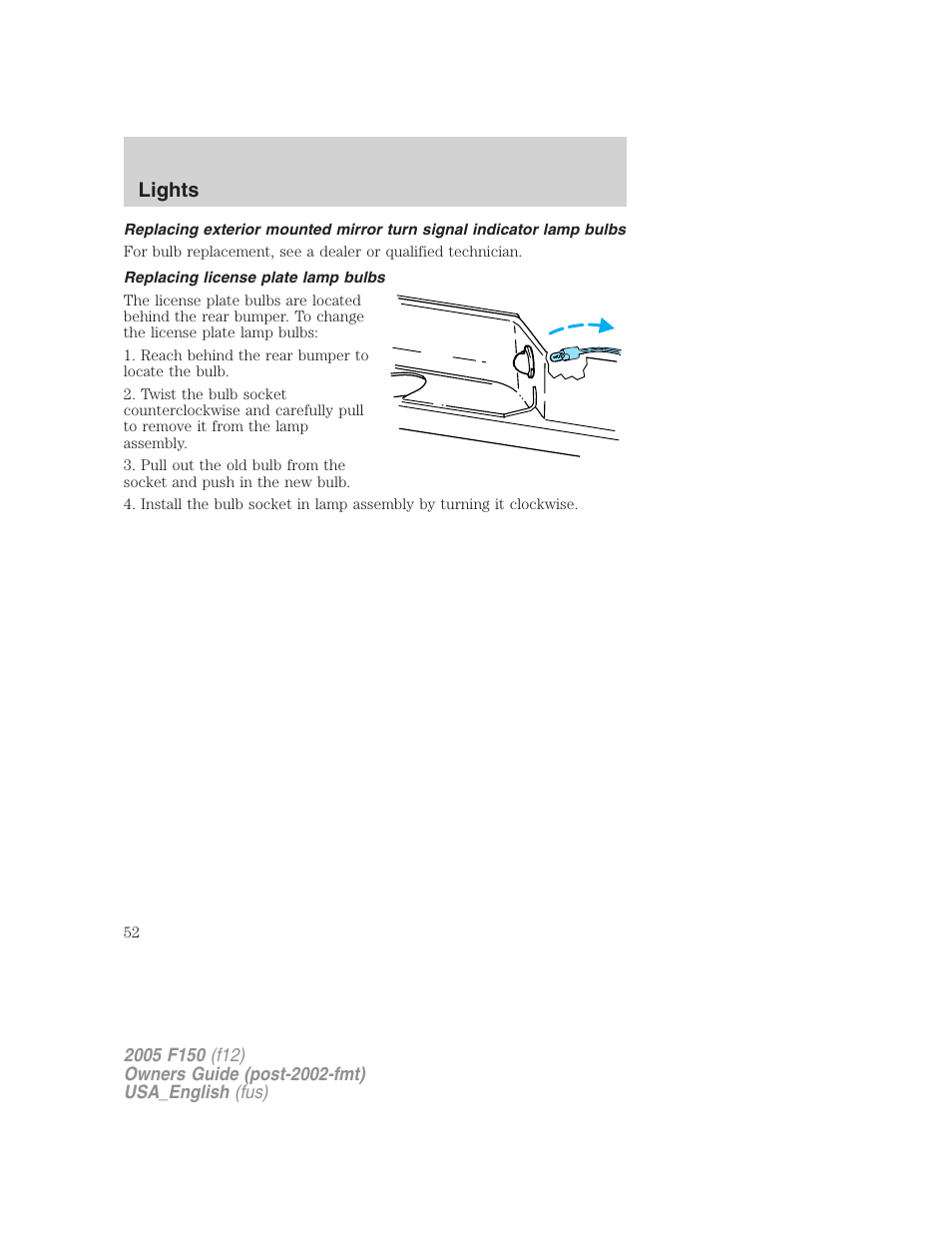 Replacing license plate lamp bulbs, Lights | FORD 2005 F-150 v.3 User Manual | Page 52 / 312