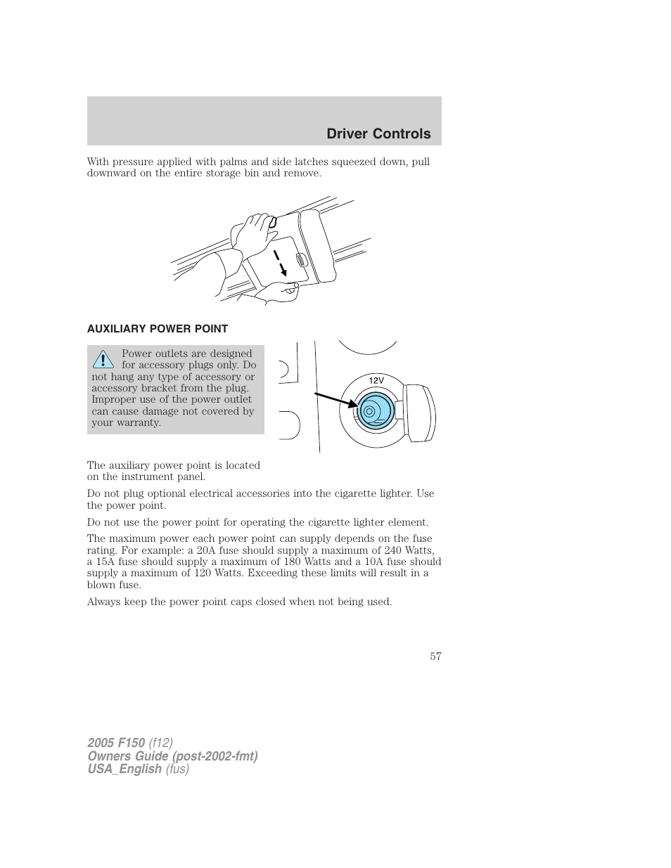Auxiliary power point, Driver controls | FORD 2005 F-150 v.3 User Manual | Page 57 / 312