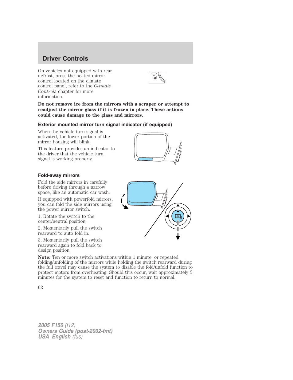 Fold-away mirrors, Driver controls | FORD 2005 F-150 v.3 User Manual | Page 62 / 312