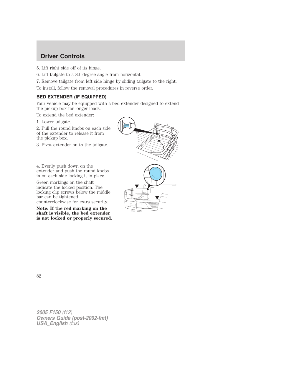 Bed extender (if equipped), Driver controls | FORD 2005 F-150 v.3 User Manual | Page 82 / 312