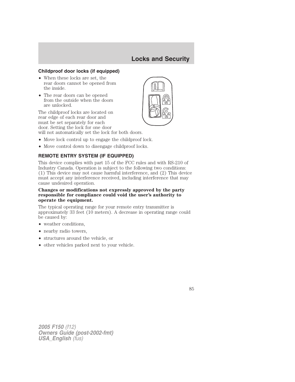 Childproof door locks (if equipped), Remote entry system (if equipped), Locks and security | FORD 2005 F-150 v.3 User Manual | Page 85 / 312