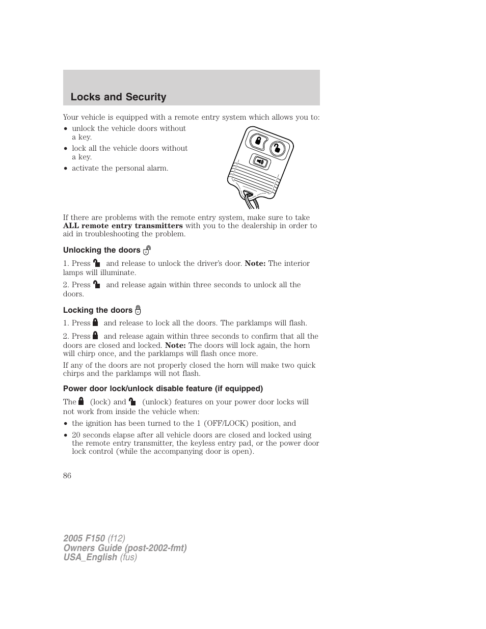 Unlocking the doors, Locking the doors, Locks and security | FORD 2005 F-150 v.3 User Manual | Page 86 / 312