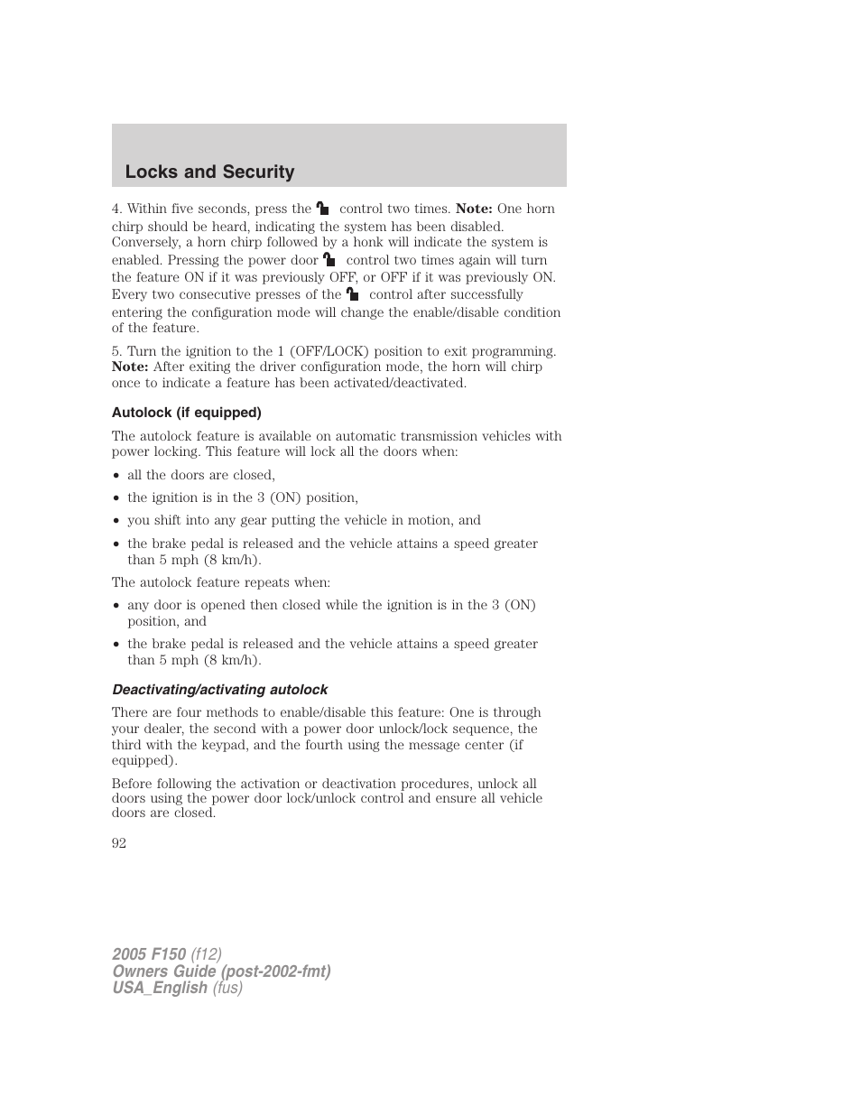 Autolock (if equipped), Deactivating/activating autolock, Locks and security | FORD 2005 F-150 v.3 User Manual | Page 92 / 312
