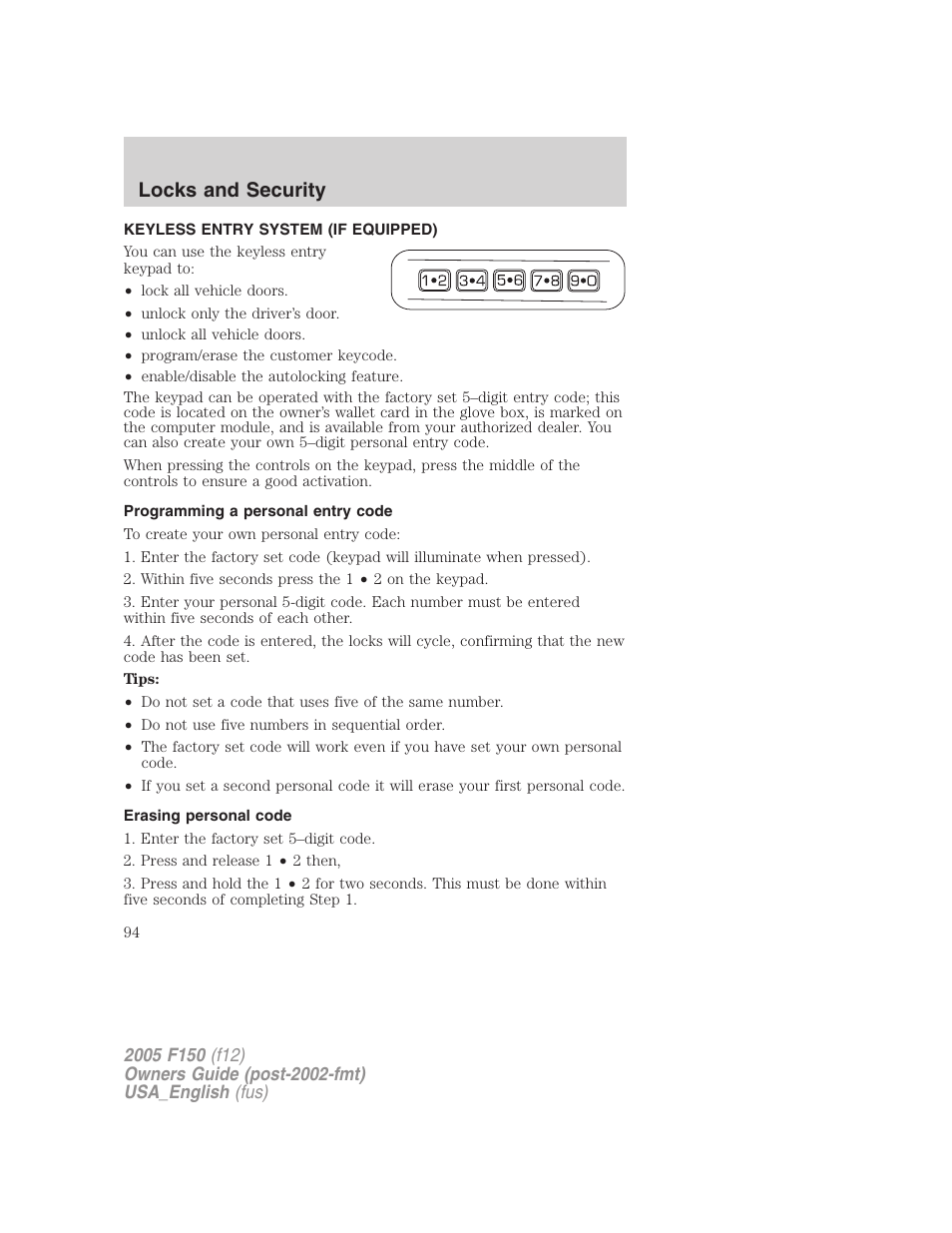Keyless entry system (if equipped), Programming a personal entry code, Erasing personal code | Locks and security | FORD 2005 F-150 v.3 User Manual | Page 94 / 312