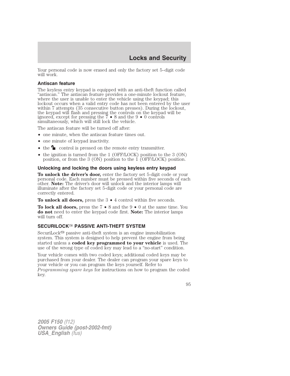 Antiscan feature, Securilock passive anti-theft system, Anti-theft system | Locks and security | FORD 2005 F-150 v.3 User Manual | Page 95 / 312