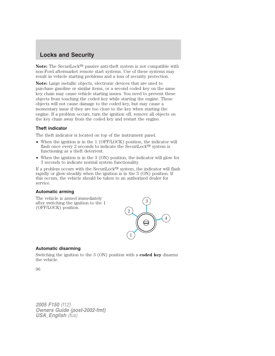 Theft indicator, Automatic arming, Automatic disarming | Locks and security | FORD 2005 F-150 v.3 User Manual | Page 96 / 312