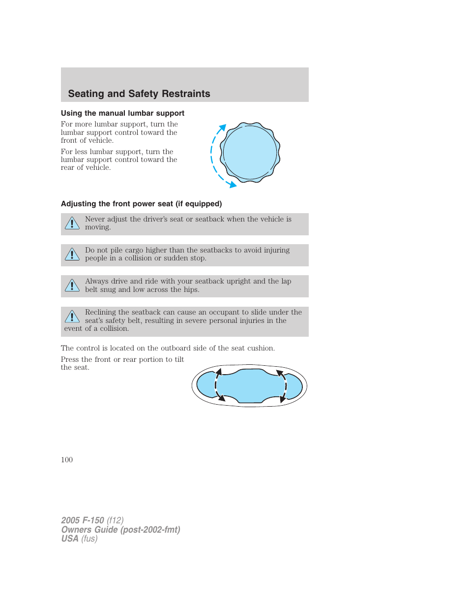 Using the manual lumbar support, Adjusting the front power seat (if equipped), Seating and safety restraints | FORD 2005 F-150 v.4 User Manual | Page 100 / 312