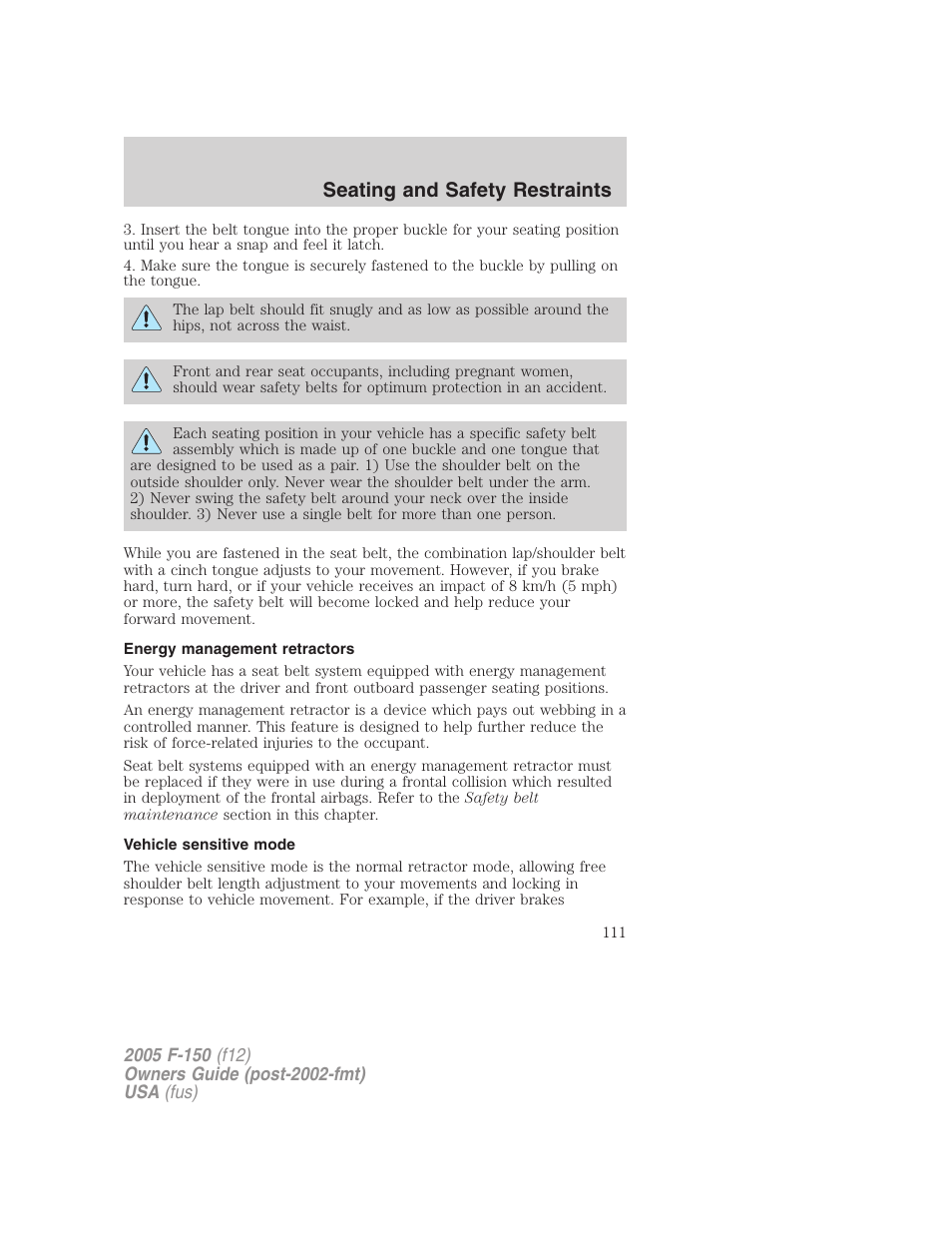 Energy management retractors, Vehicle sensitive mode, Seating and safety restraints | FORD 2005 F-150 v.4 User Manual | Page 111 / 312