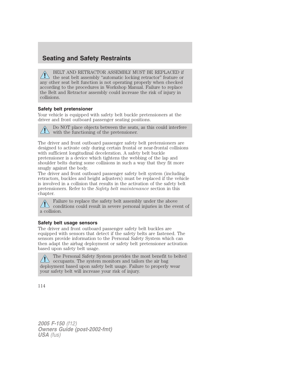 Safety belt pretensioner, Safety belt usage sensors, Seating and safety restraints | FORD 2005 F-150 v.4 User Manual | Page 114 / 312
