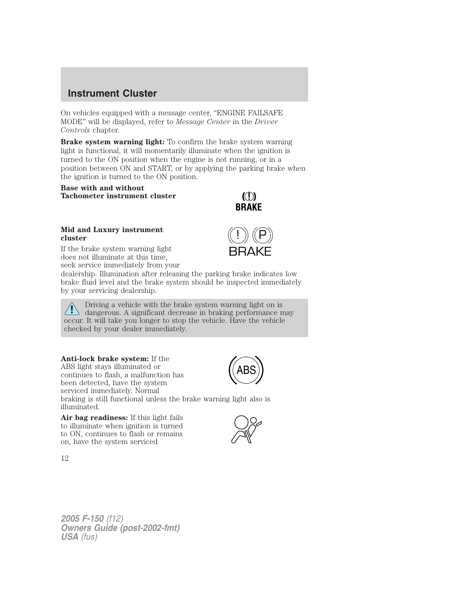 P! brake abs | FORD 2005 F-150 v.4 User Manual | Page 12 / 312