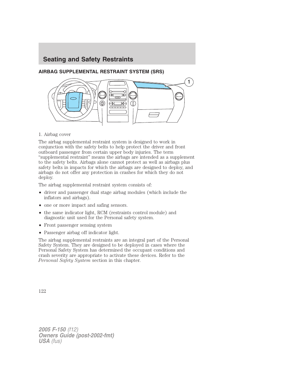 Airbag supplemental restraint system (srs), Airbags, Seating and safety restraints | FORD 2005 F-150 v.4 User Manual | Page 122 / 312