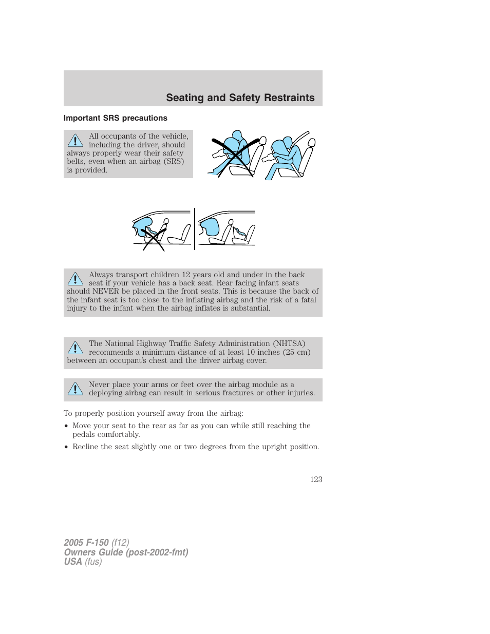 Important srs precautions, Seating and safety restraints | FORD 2005 F-150 v.4 User Manual | Page 123 / 312