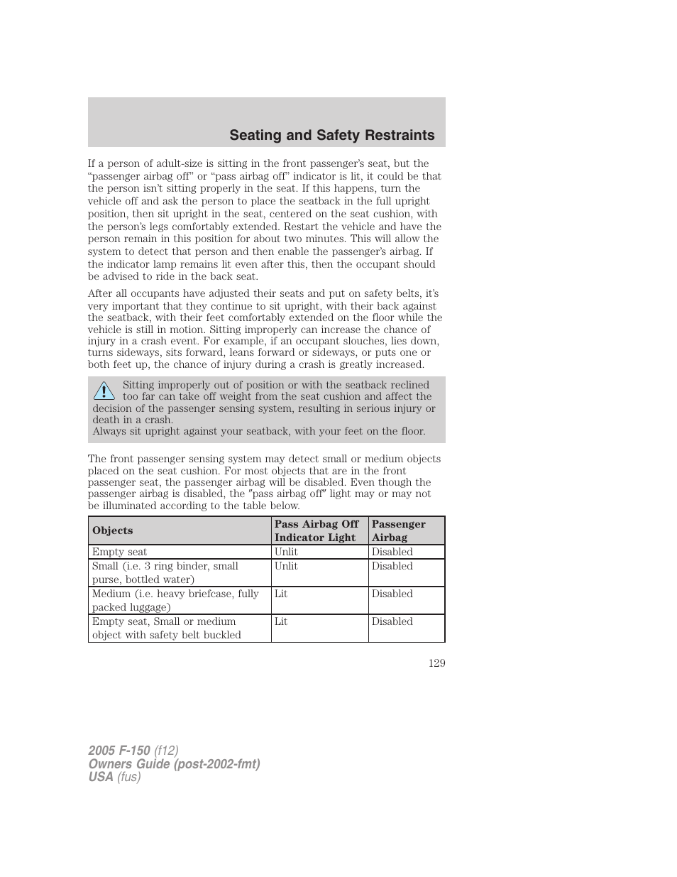 Seating and safety restraints | FORD 2005 F-150 v.4 User Manual | Page 129 / 312