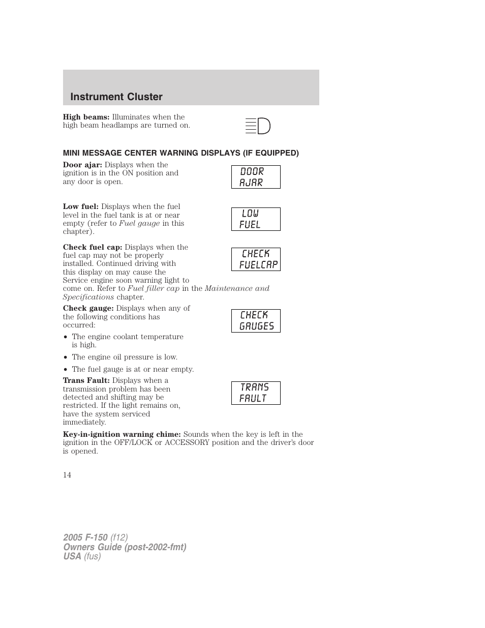 Mini message center warning displays (if equipped), Instrument cluster | FORD 2005 F-150 v.4 User Manual | Page 14 / 312