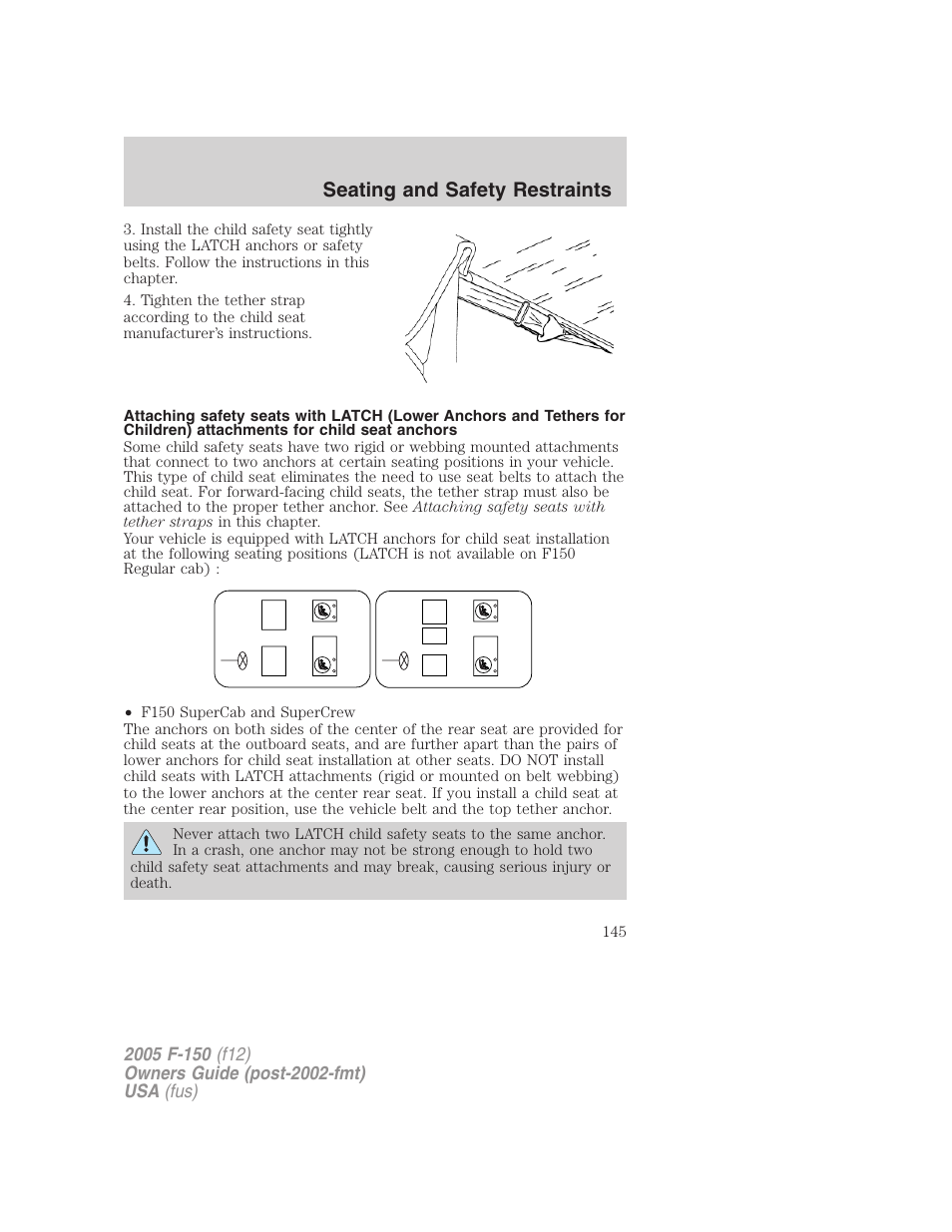 Seating and safety restraints | FORD 2005 F-150 v.4 User Manual | Page 145 / 312