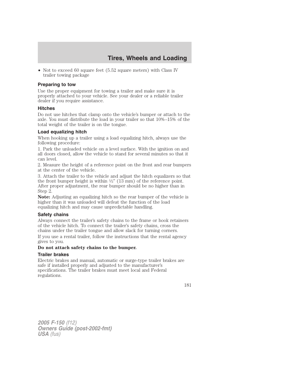 Preparing to tow, Hitches, Load equalizing hitch | Safety chains, Trailer brakes, Tires, wheels and loading | FORD 2005 F-150 v.4 User Manual | Page 181 / 312