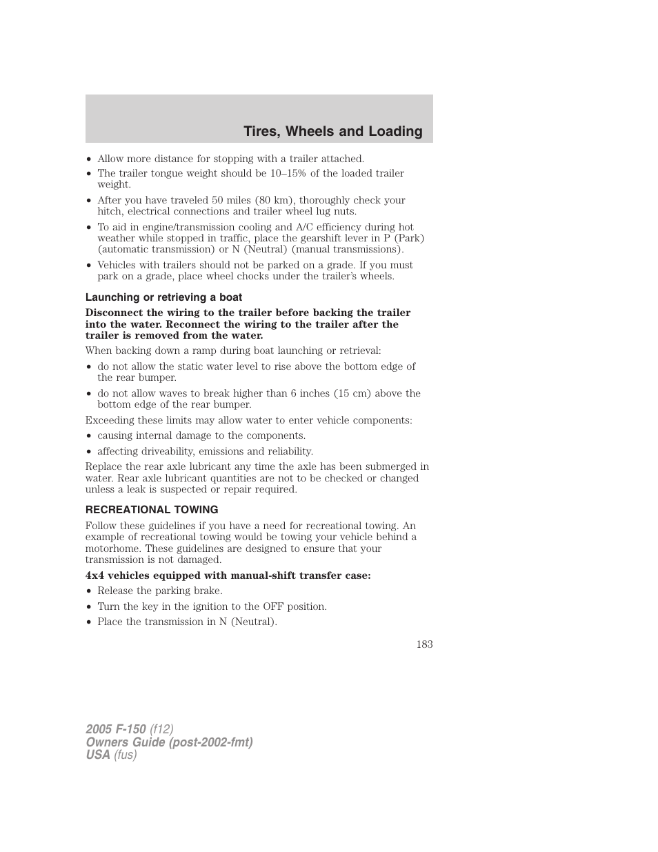 Launching or retrieving a boat, Recreational towing, Tires, wheels and loading | FORD 2005 F-150 v.4 User Manual | Page 183 / 312