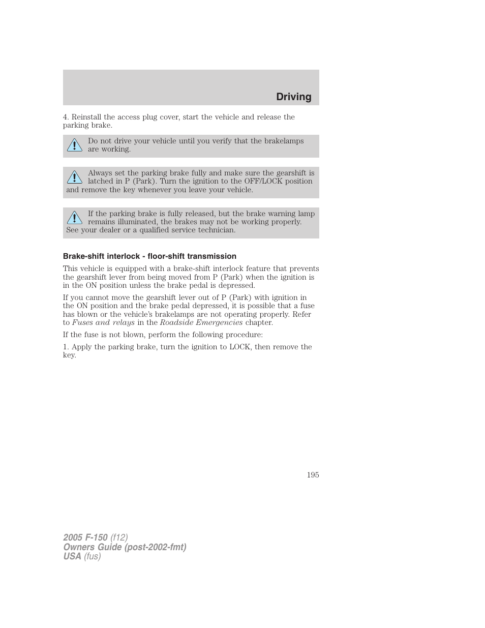 Brake-shift interlock - floor-shift transmission, Driving | FORD 2005 F-150 v.4 User Manual | Page 195 / 312