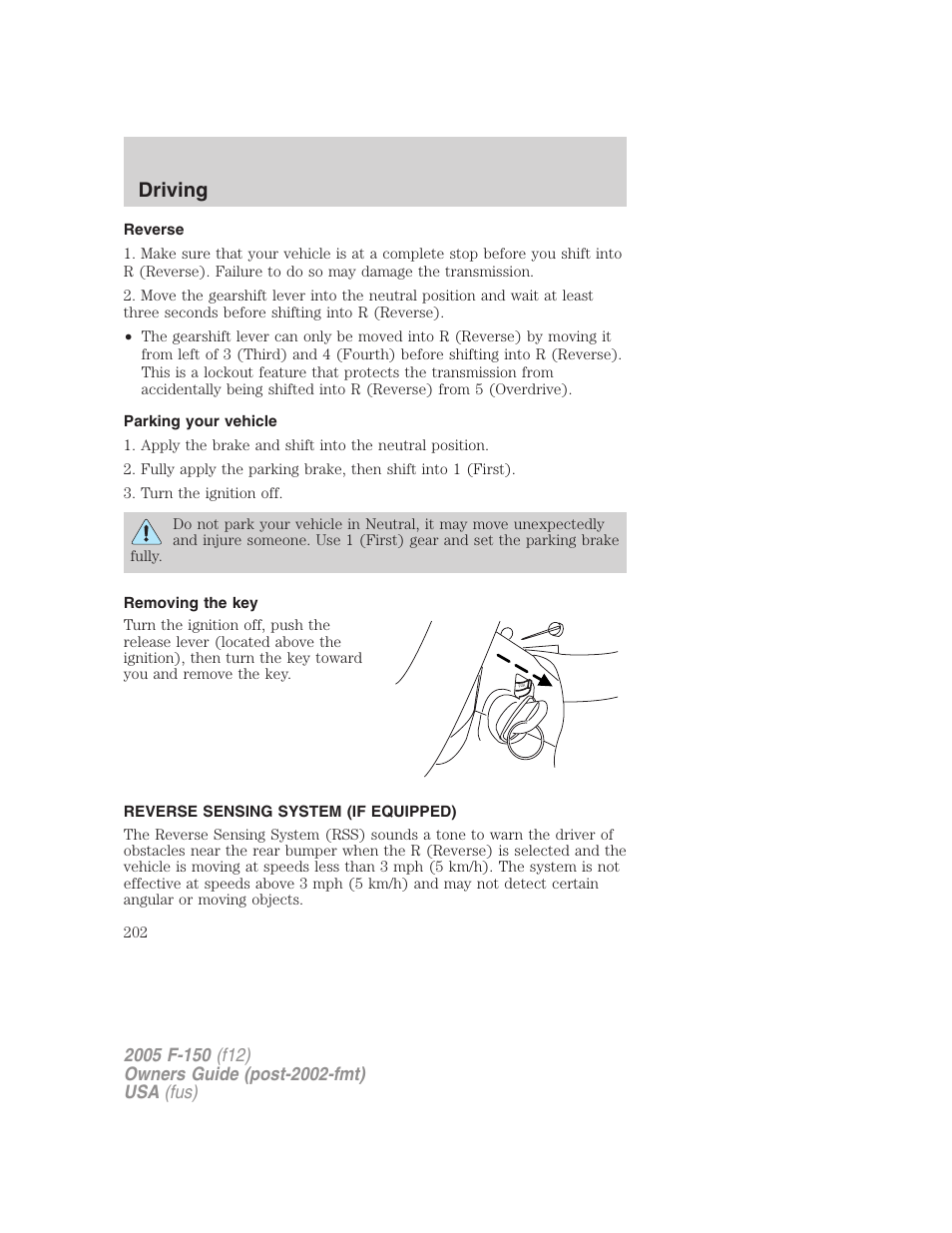 Reverse, Parking your vehicle, Removing the key | Reverse sensing system (if equipped), Driving | FORD 2005 F-150 v.4 User Manual | Page 202 / 312