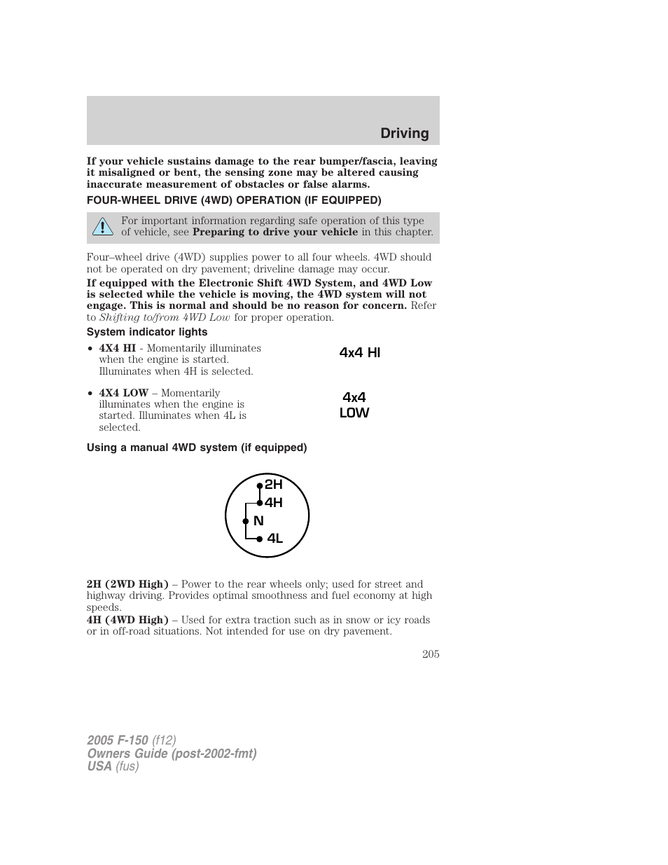 Four-wheel drive (4wd) operation (if equipped), System indicator lights, Using a manual 4wd system (if equipped) | Driving | FORD 2005 F-150 v.4 User Manual | Page 205 / 312