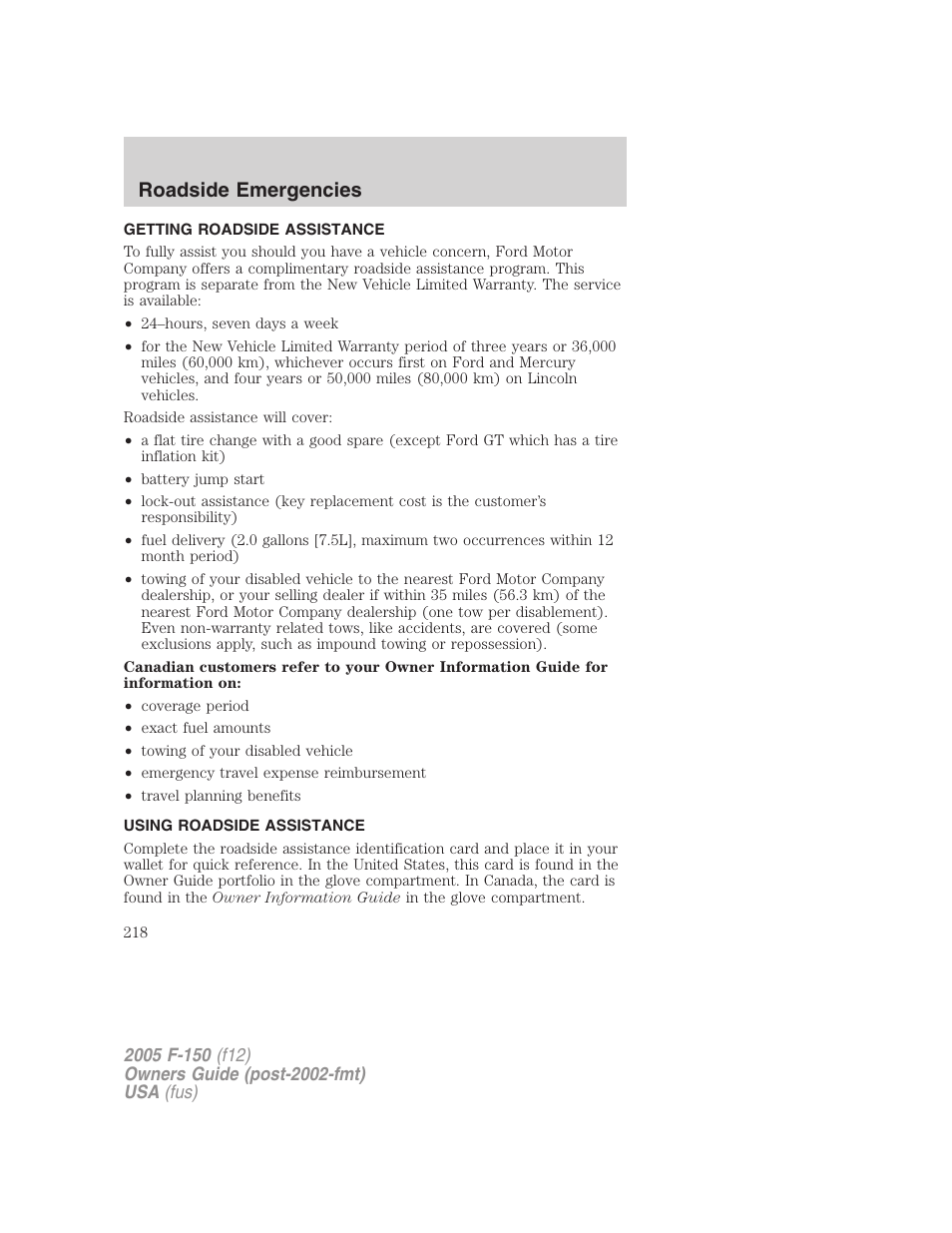 Roadside emergencies, Getting roadside assistance, Using roadside assistance | FORD 2005 F-150 v.4 User Manual | Page 218 / 312