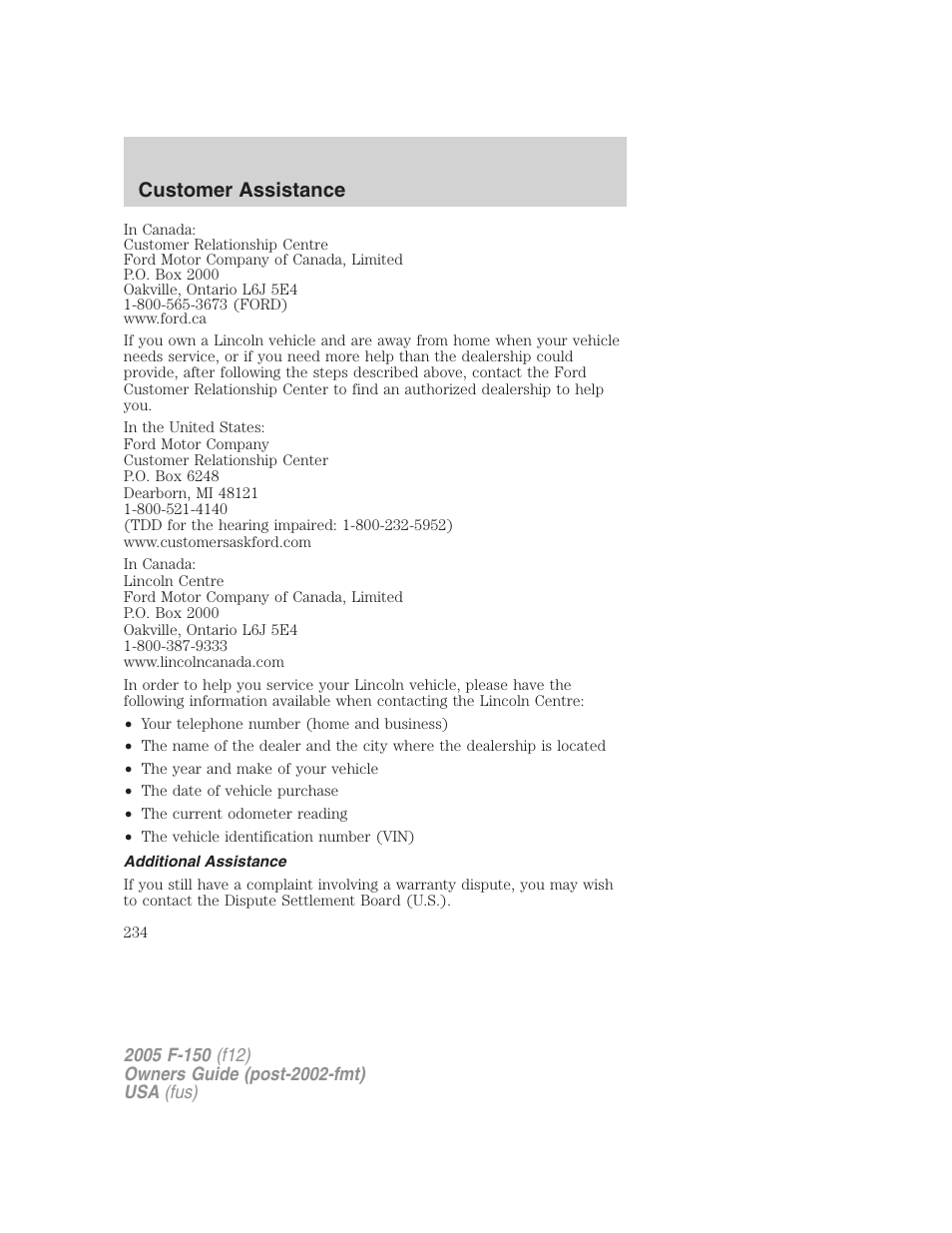 Additional assistance, Customer assistance | FORD 2005 F-150 v.4 User Manual | Page 234 / 312