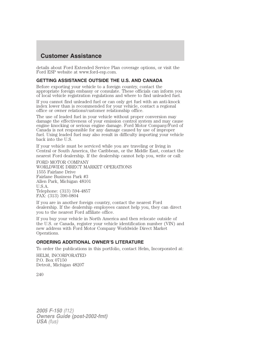 Getting assistance outside the u.s. and canada, Ordering additional owner’s literature, Customer assistance | FORD 2005 F-150 v.4 User Manual | Page 240 / 312