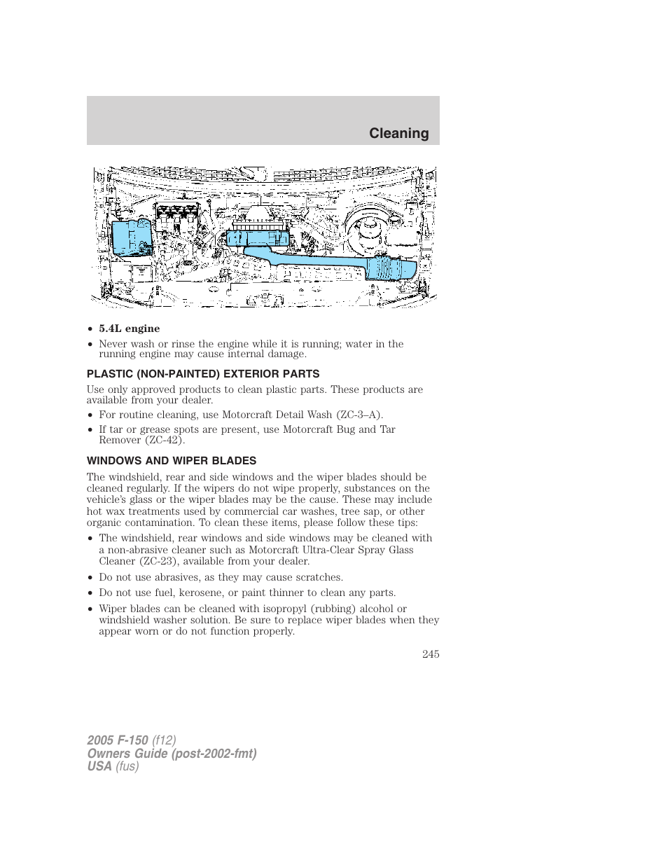 Plastic (non-painted) exterior parts, Windows and wiper blades, Cleaning | FORD 2005 F-150 v.4 User Manual | Page 245 / 312